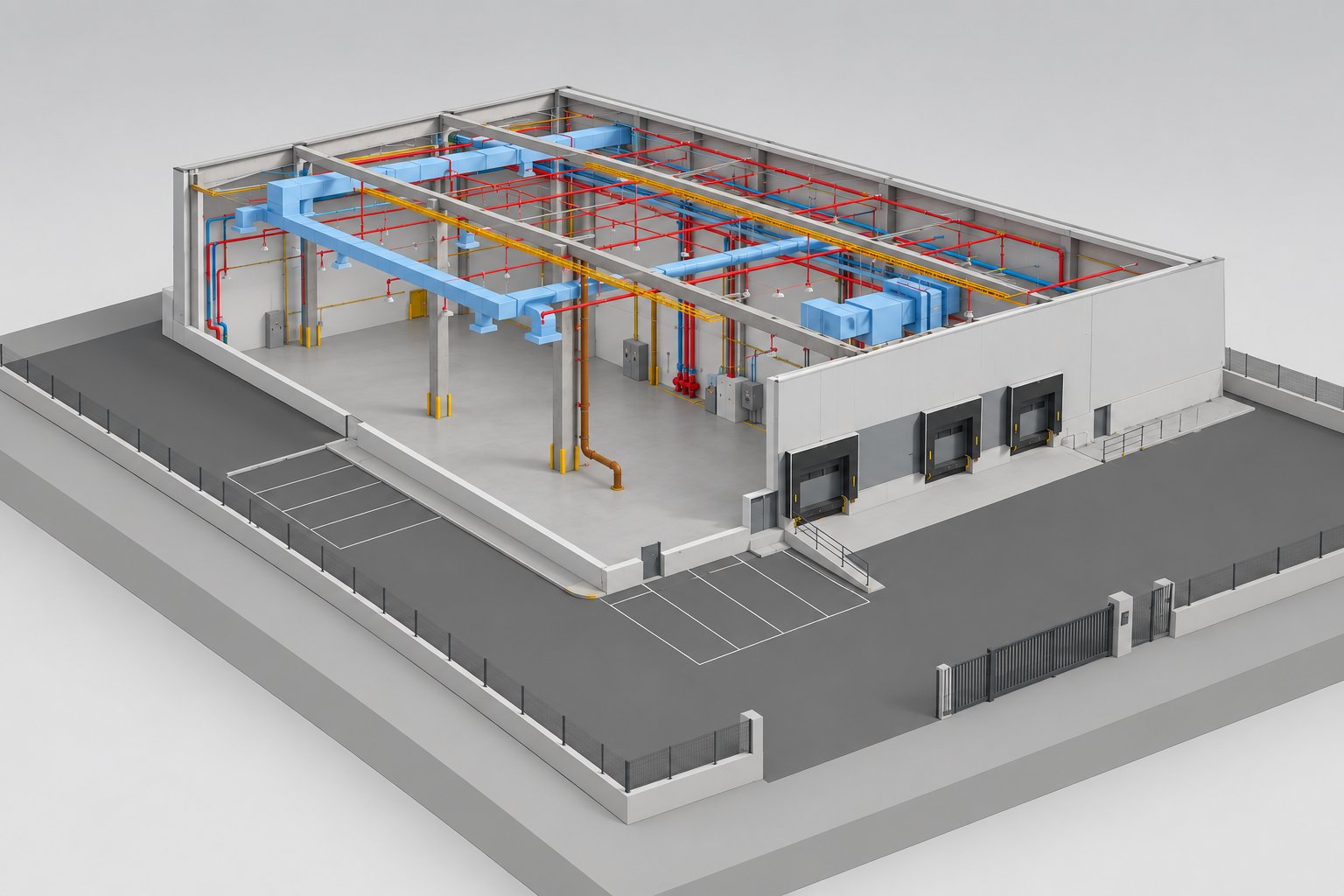 O mesmo armazém em modelo BIM, em corte, com as instalações técnicas