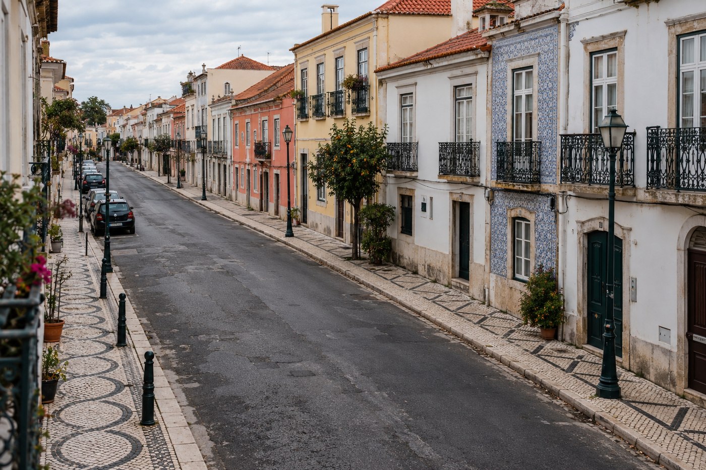 Rua com passeio em calçada e edifícios antigos